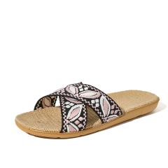 BAIRUILUN Manufacturer Cross Strap Ethnic Style Embroidery New Open Toe Printed Summer Design Natural Linen for Slippers