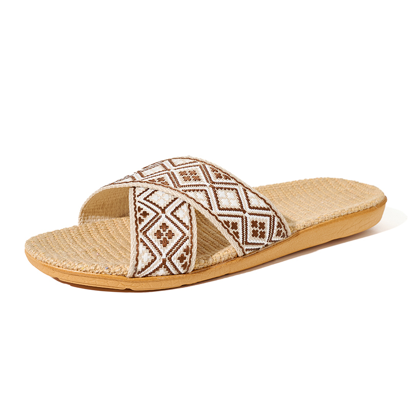 BAIRUILUN Manufacturer Cross Strap Floral Ethnic Style EVA Sole New Open Toe Printed Summer Design Natural Linen for Slippers