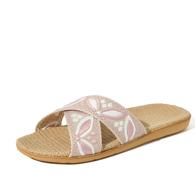 BAIRUILUN Manufacturer Cross Strap Ethnic Style Embroidery New Open Toe Printed Summer Design Natural Linen for Slippers