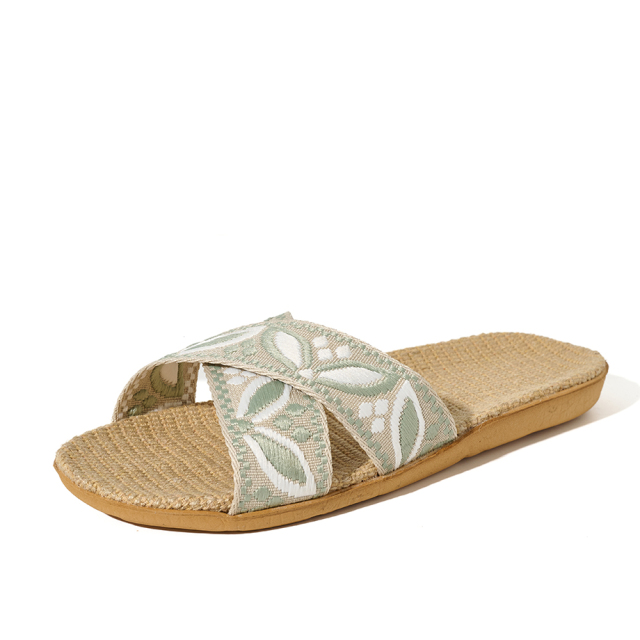 BAIRUILUN Manufacturer Cross Strap Ethnic Style Embroidery New Open Toe Printed Summer Design Natural Linen for Slippers