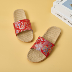 Custom Summer Ethnic Style Flowers Pattern Linen Slippers Wholesale Comfortable Minimalist Design Silent Slippers