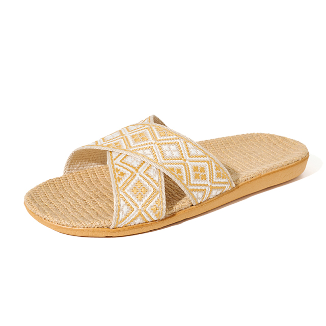 BAIRUILUN Manufacturer Cross Strap Floral Ethnic Style EVA Sole New Open Toe Printed Summer Design Natural Linen for Slippers