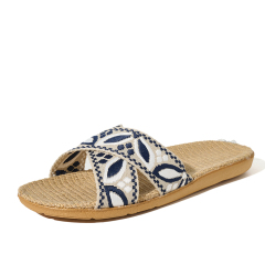 BAIRUILUN Manufacturer Cross Strap Ethnic Style Embroidery New Open Toe Printed Summer Design Natural Linen for Slippers