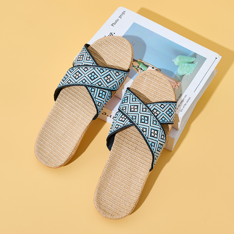 BAIRUILUN Manufacturer Cross Strap Ethnic Style Embroidery New Open Toe Printed Summer Design Natural Linen for Slippers