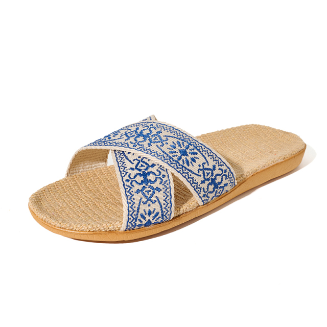 Factory Directly Sale Women's Summer Bohemian Style Line Slippers Custom Sweat Absorbing Fashion Home Linen Slippers