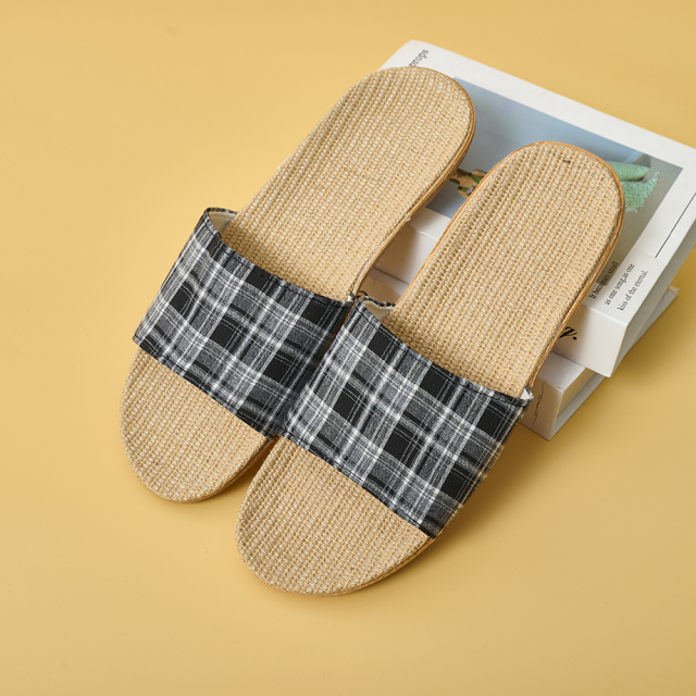Custom Summer Lightweight Healthy Linen Minimalist Design Slippers Wholesale Comfortable Floor Plaid Bedroom Slippers