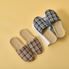 Custom Summer Round Toe Healthy Linen Minimalist Design Slippers Wholesale Comfortable Floor Plaid Bedroom Slippers