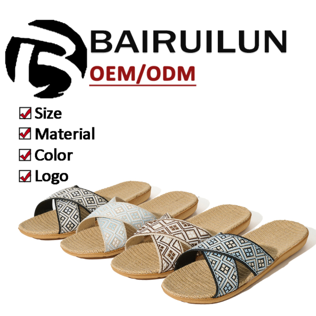 BAIRUILUN Manufacturer Cross Strap Floral Ethnic Style EVA Sole New Open Toe Printed Summer Design Natural Linen for Slippers