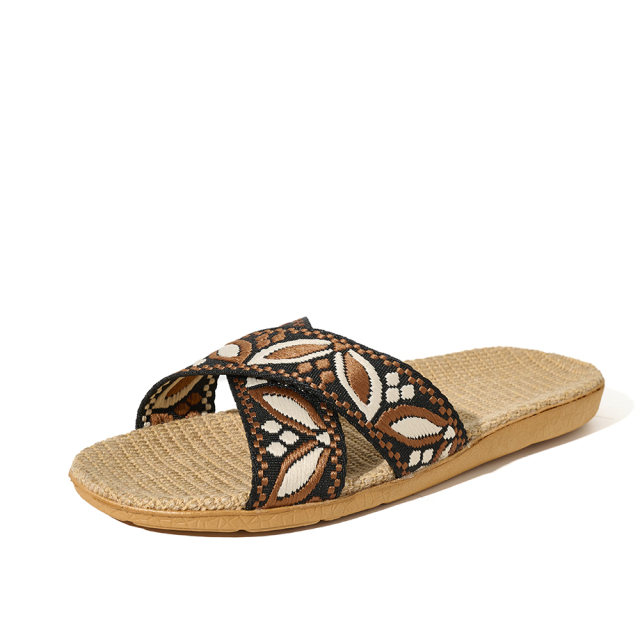 BAIRUILUN Manufacturer Cross Strap Ethnic Style Embroidery New Open Toe Printed Summer Design Natural Linen for Slippers