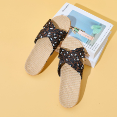 New Arrival Linen Slippers Female Spring Autumn Slippers Custom Indoor Hotel Leopard Print Cool Breathable Linen Slippers