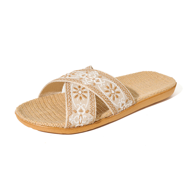 Factory Directly Sale Women's Summer Bohemian Style Line Slippers Custom Sweat Absorbing Fashion Home Linen Slippers