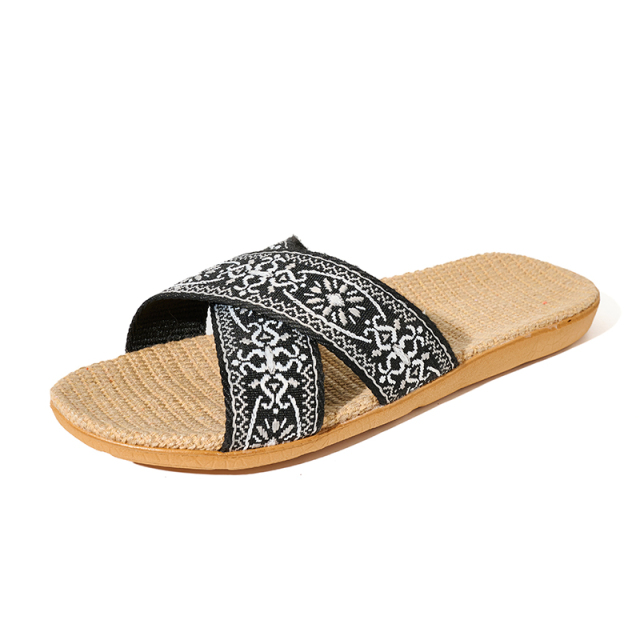 Factory Directly Sale Women's Summer Bohemian Style Line Slippers Custom Sweat Absorbing Fashion Home Linen Slippers
