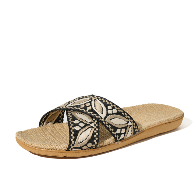 BAIRUILUN Manufacturer Cross Strap Ethnic Style Embroidery New Open Toe Printed Summer Design Natural Linen for Slippers