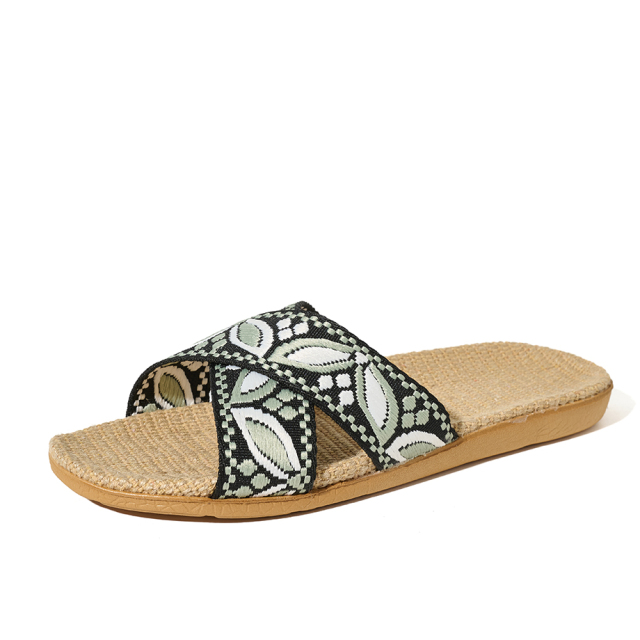 BAIRUILUN Manufacturer Cross Strap Ethnic Style Embroidery New Open Toe Printed Summer Design Natural Linen for Slippers