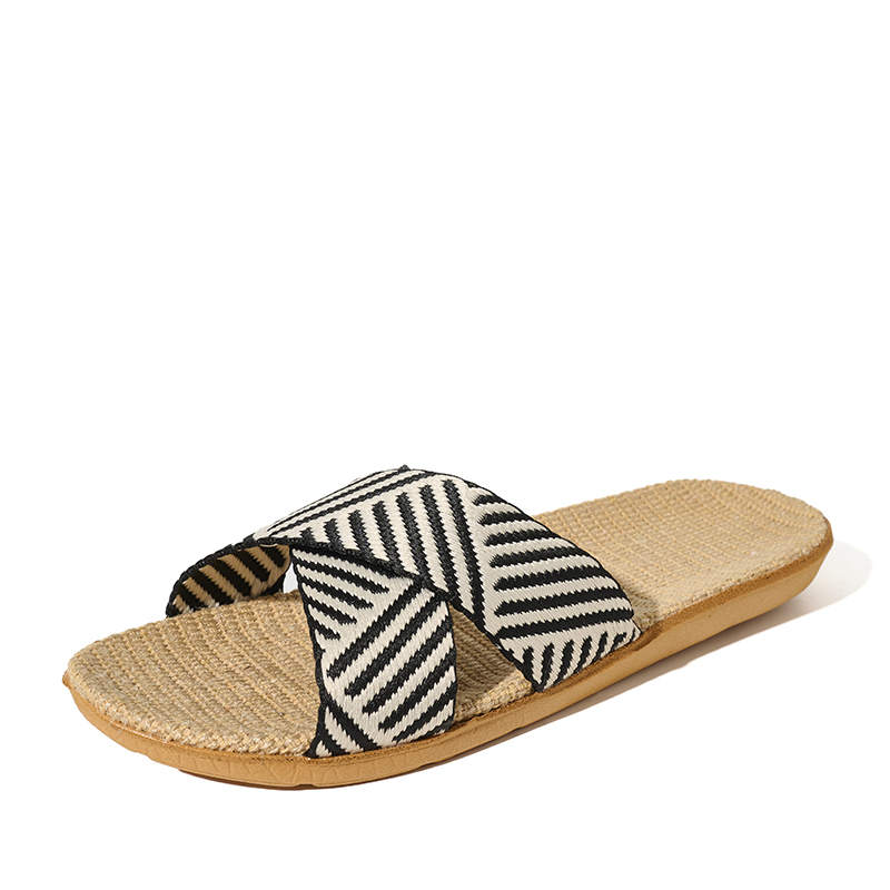 Factory Directly Sale Women's Summer Minimalist Style Line Slippers Custom Sweat Absorbing Fashion Simple Stripes Linen Slippers
