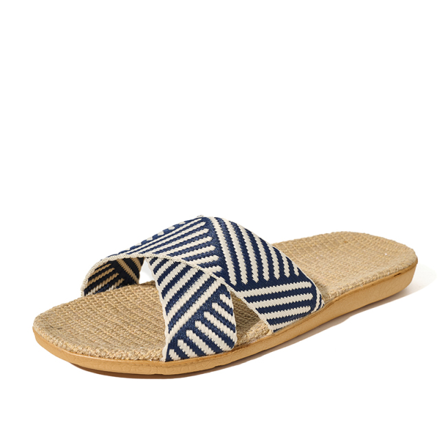 Factory Directly Sale Women's Summer Minimalist Style Line Slippers Custom Sweat Absorbing Fashion Simple Stripes Linen Slippers