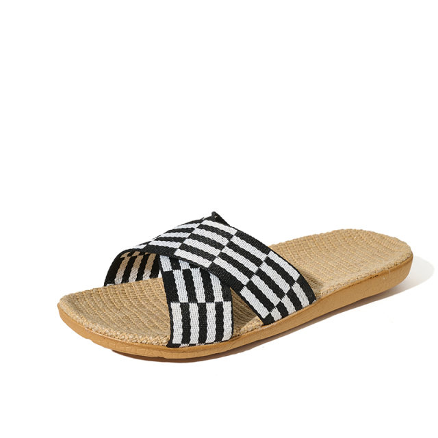 Factory Directly Sale Women's Summer Minimalist Style Line Slippers Custom Simple Stripes Sweat Absorbing Fashion Linen Slippers