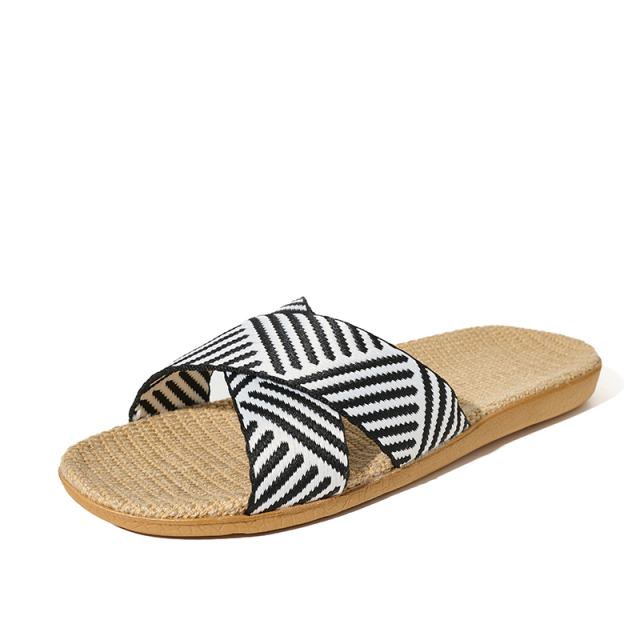 Factory Directly Sale Women's Summer Minimalist Style Line Slippers Custom Sweat Absorbing Fashion Simple Stripes Linen Slippers