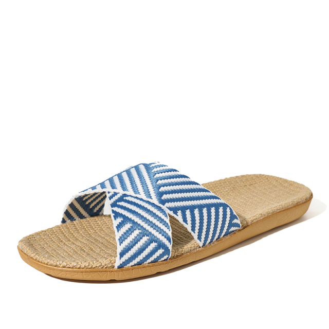 Factory Directly Sale Women's Summer Minimalist Style Line Slippers Custom Sweat Absorbing Fashion Simple Stripes Linen Slippers