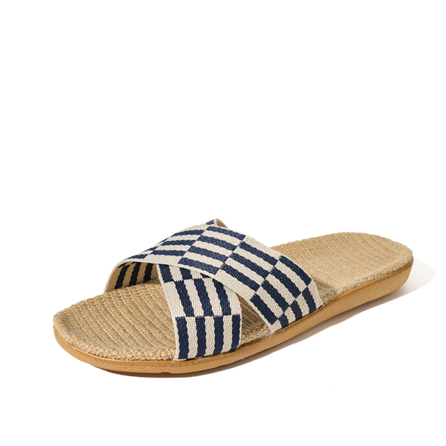 Factory Directly Sale Women's Summer Minimalist Style Line Slippers Custom Simple Stripes Sweat Absorbing Fashion Linen Slippers