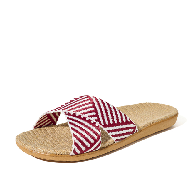 Factory Directly Sale Women's Summer Minimalist Style Line Slippers Custom Sweat Absorbing Fashion Simple Stripes Linen Slippers