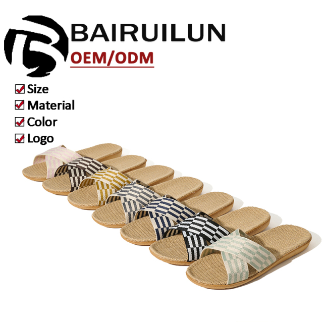 Factory Directly Sale Women's Summer Minimalist Style Line Slippers Custom Simple Stripes Sweat Absorbing Fashion Linen Slippers