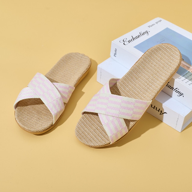 Factory Directly Sale Women's Summer Minimalist Style Line Slippers Custom Simple Stripes Sweat Absorbing Fashion Linen Slippers