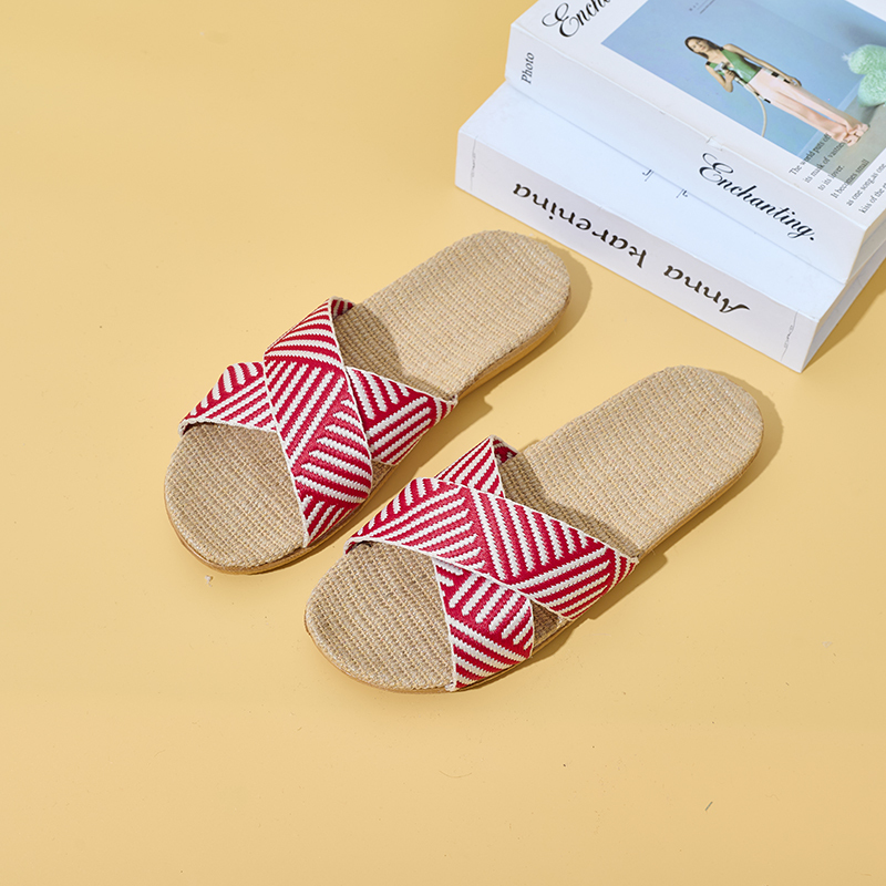 Factory Directly Sale Women's Summer Minimalist Style Line Slippers Custom Sweat Absorbing Fashion Simple Stripes Linen Slippers