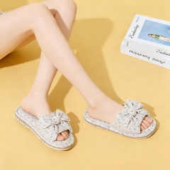 Lady's Cute House Indoor Cloth Slippers Open Toe with Bow Anti-Slippery Feature Cushioning Slippers for Girls