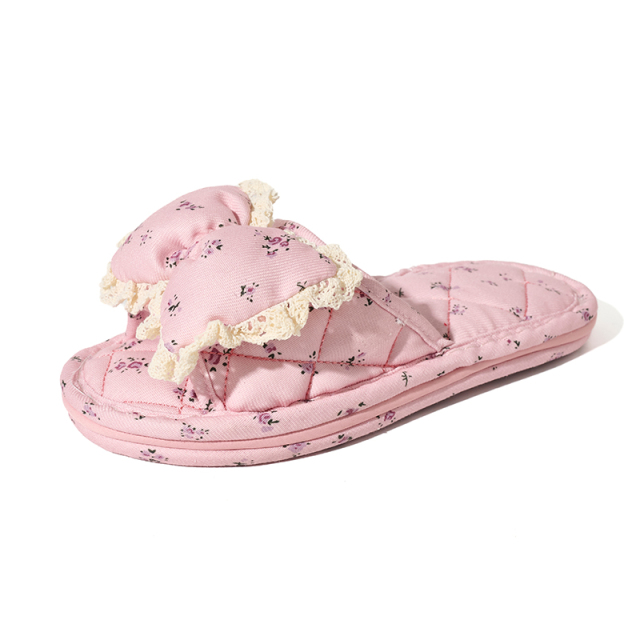 Factory Custom Bedroom Tree-layer Soft Thick Bottom Silent Slippers Anti-slip Comfortable Indoor Women's Soft Cloth Bow Slippers