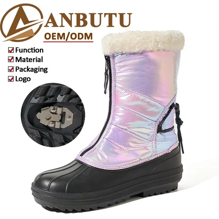 Wholesale Iridescent Waterproof Warm Snow Boots for Women All-Season Thick Winter Boots with Ice Cleats Youth-to-Adult Fit