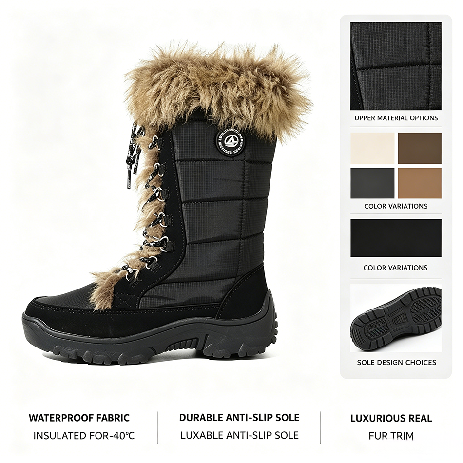 Snow-Blocking Cuff Anti slip High Shaft Winter Women Boots Fashionable Stylish Faux Fur Accents Warm Outdoor Snow Boots