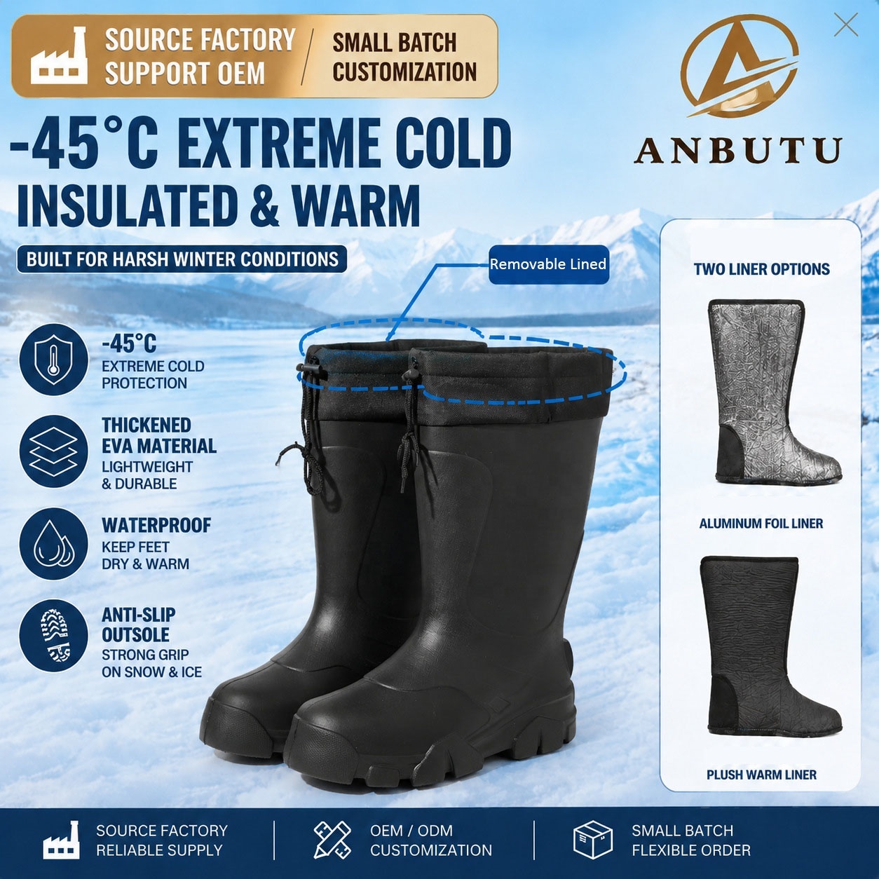 Waterproof EVA Shell Snow Boots -45C Rated Extreme Cold Warmth Removable Wool Lining Outdoor Fishing Hunting Shoes Factory