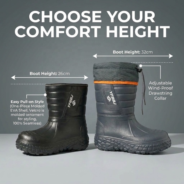 Wholesale Waterproof Men's Injection EVA Rain Boots Thick Faux Fur Lined Anti-Skid Lightweight Outdoor Winter Snow Boots