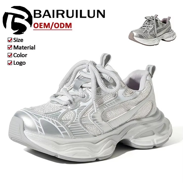 Wholesale Women's Silver Y2K Retro Dad Sneakers Breathable Mesh Thick Sole Comfortable on Cloud Women's Shoes