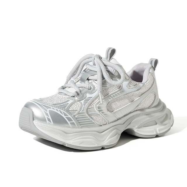 Wholesale Women's Silver Y2K Retro Dad Sneakers Breathable Mesh Thick Sole Comfortable on Cloud Women's Shoes