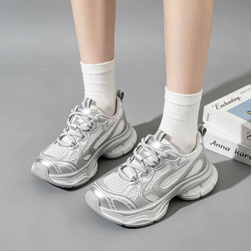 Wholesale Women's Silver Y2K Retro Dad Sneakers Breathable Mesh Thick Sole Comfortable on Cloud Women's Shoes