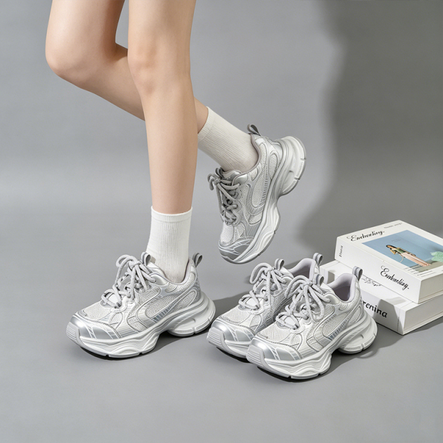 Wholesale Women's Silver Y2K Retro Dad Sneakers Breathable Mesh Thick Sole Comfortable on Cloud Women's Shoes