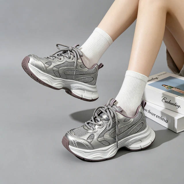 Wholesale Women's Silver Y2K Retro Dad Sneakers Breathable Mesh Thick Sole Comfortable on Cloud Women's Shoes