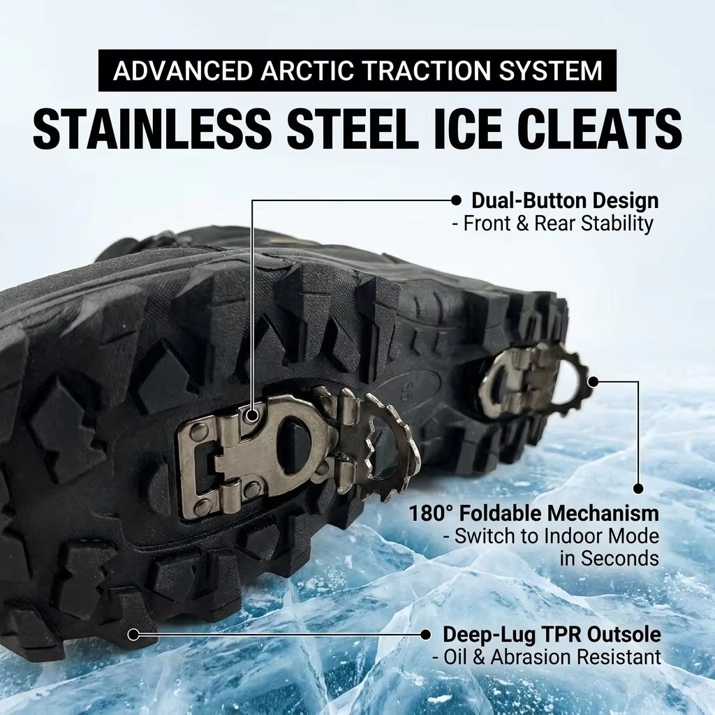 Custom OEM Quilted Puffer Winter Boots Foldable Ice Cleats Waterproof Down Fabric Warm Fur Lining Men Women Snow Boots