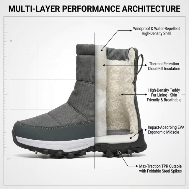 Custom OEM Quilted Puffer Winter Boots Foldable Ice Cleats Waterproof Down Fabric Warm Fur Lining Men Women Snow Boots