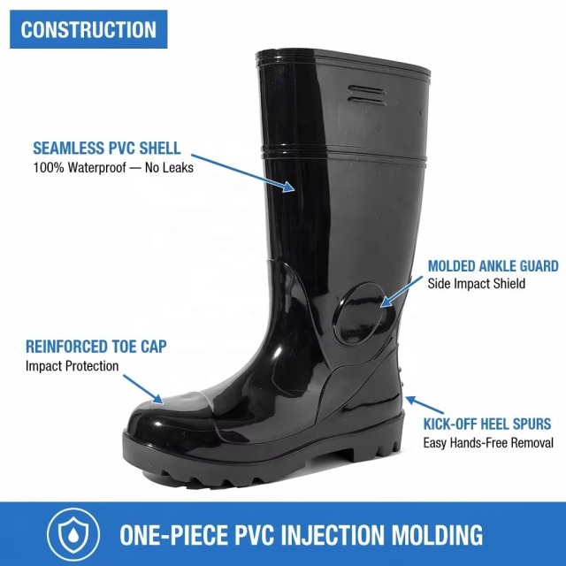 Wholesale Rain Footwear Waterproof Seamless Shell Anti Slip Stair Step Tread Knee High Injection PVC Work Boots Bulk