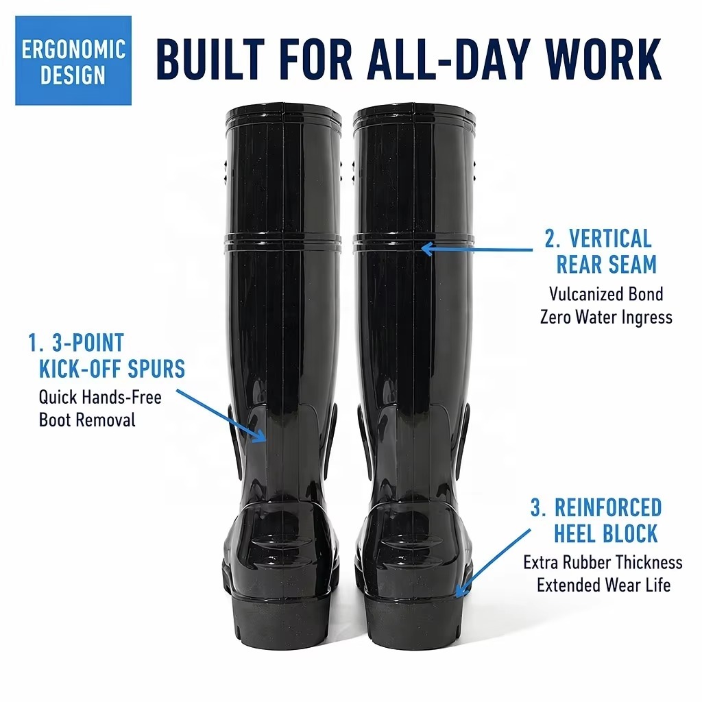Wholesale Rain Footwear Waterproof Seamless Shell Anti Slip Stair Step Tread Knee High Injection PVC Work Boots Bulk