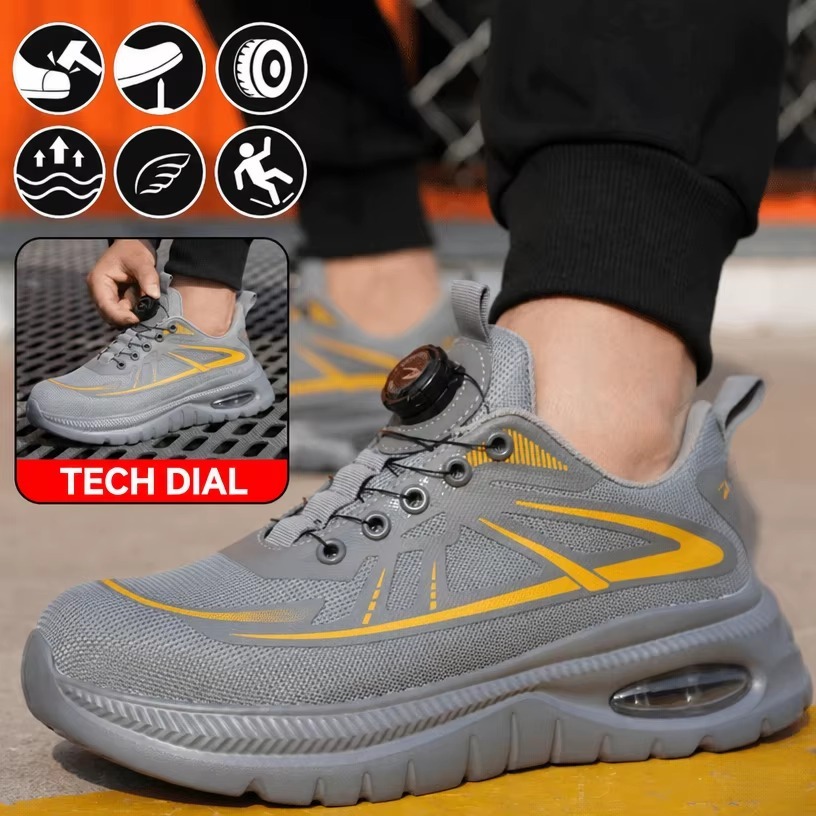Knob Adjustable Flying Knit Steel Toe Safety Shoes Slip Resistant Puncture Resistant Unisex Work Shoes for Construction