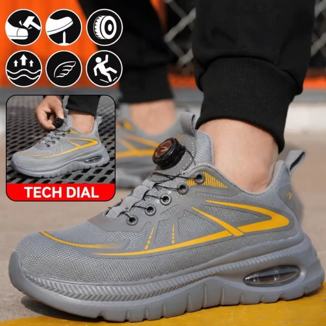 Knob Adjustable Flying Knit Steel Toe Safety Shoes Slip Resistant Puncture Resistant Unisex Work Shoes for Construction