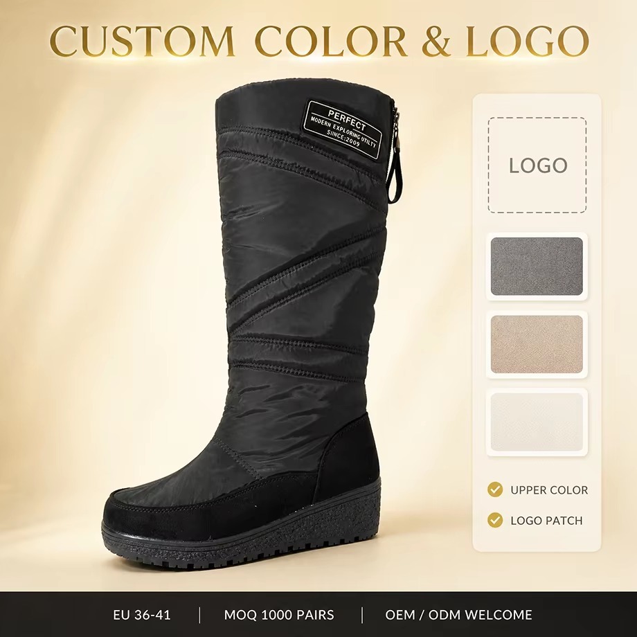 OEM ODM Gentle Style Knee-High Quilted Waterproof Faux Suede Snow Boots Warm Wedge Women Tall Winter Boots