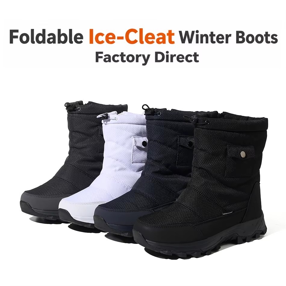 Women Men Waterproof Rip-stop Oxford Cushioned Comfort Winter Boots Wholesale Non-slip Foldable Ice Cleats Mid Calf Snow Boots