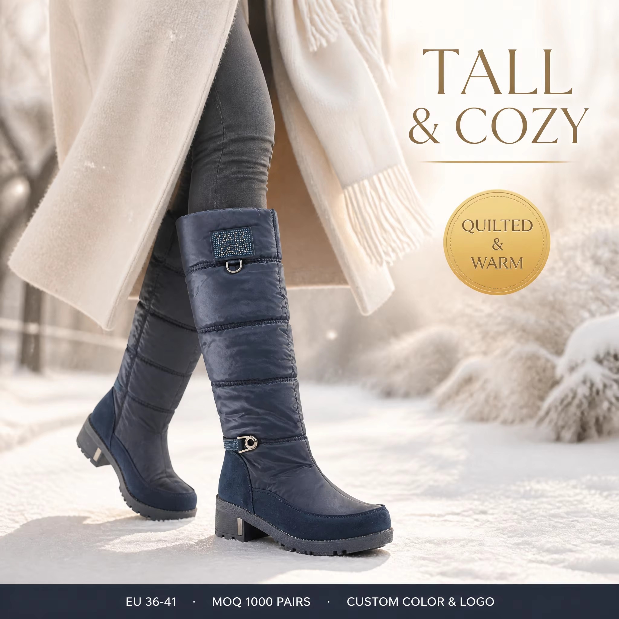 OEM ODM Knee-High Quilted Waterproof Faux Suede Snow Boots Warm Anti-Slip Women Tall Winter Boots with Side Zippers