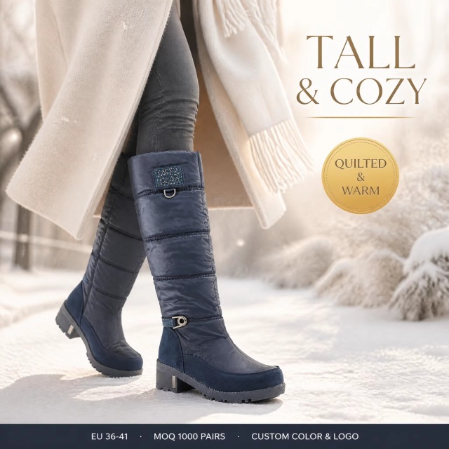 OEM ODM Knee-High Quilted Waterproof Faux Suede Snow Boots Warm Anti-Slip Women Tall Winter Boots with Side Zippers