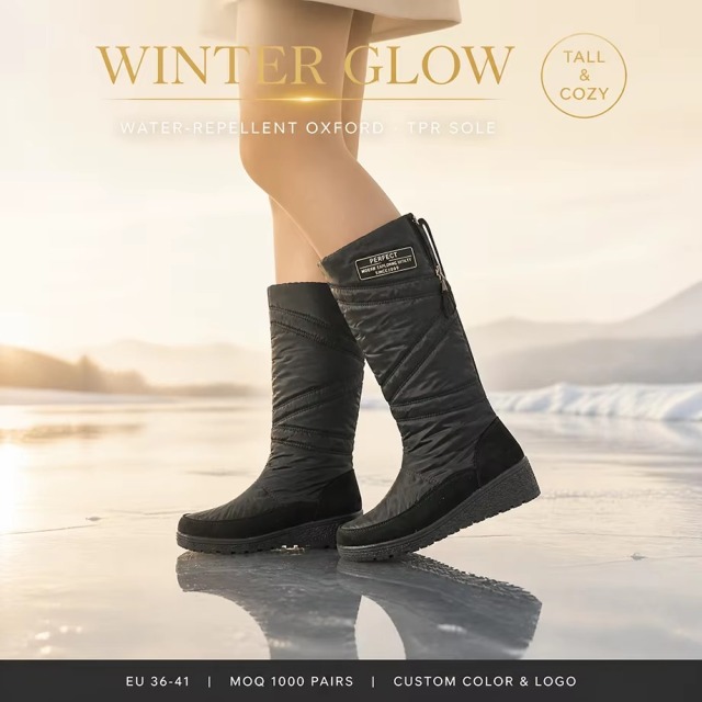 OEM ODM Gentle Style Knee-High Quilted Waterproof Faux Suede Snow Boots Warm Wedge Women Tall Winter Boots